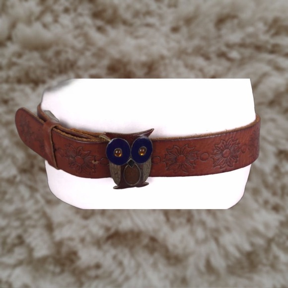 HOLLISTER VTG Tanned-Brown Leather OWL Buckle Belt Medium 40” - Picture 1 of 10